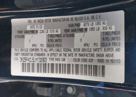 2020 Mazda Mazda3 Select Package z USA, uszkodzony, nr VIN 3MZBPACL5LM132993